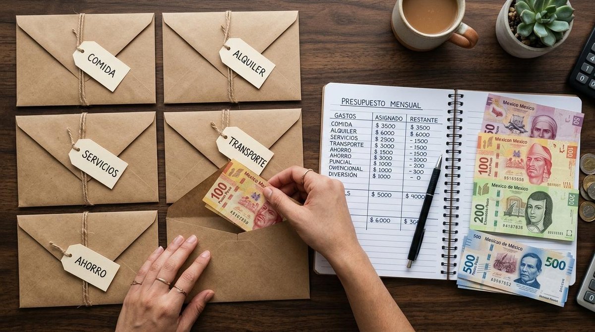 Mejores estrategias de ahorro para principiantes que puedes aplicar desde hoy 3 Persona organizando billetes mexicanos en sobres etiquetados para gastos y ahorro