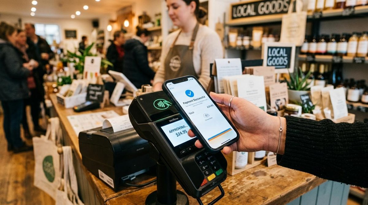 Mercado Pago vs otras apps de pago: comparativa de funciones, costos y experiencia 3 Persona pagando en un negocio, colocando su celular sobre un posnet.
