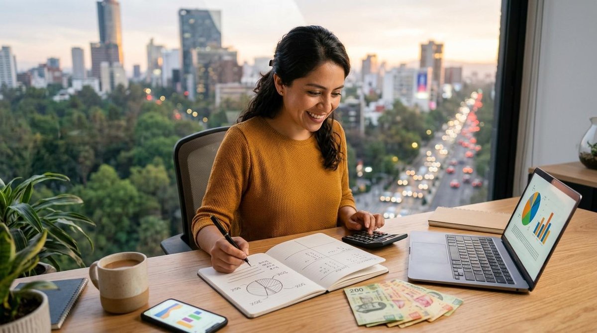 Persona escribiendo en un cuaderno con gráficos financieros, billetes y laptop en escritorio frente a ventana urbana