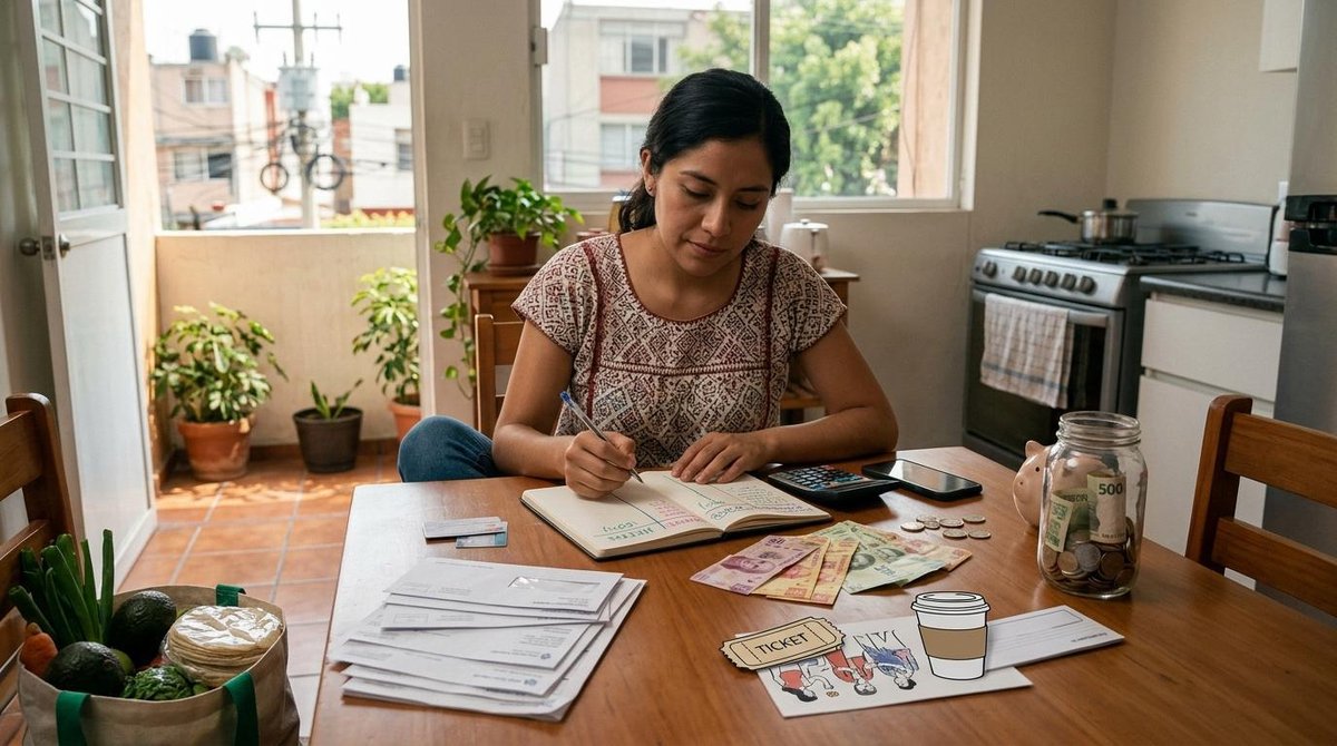 Persona escribiendo en un cuaderno junto a billetes, monedas y cartas en una mesa de madera