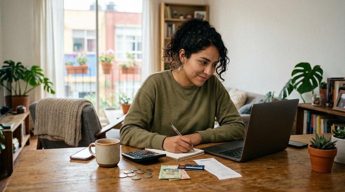 Persona escribiendo en un cuaderno junto a una laptop, calculadora, billetes y monedas sobre una mesa de madera