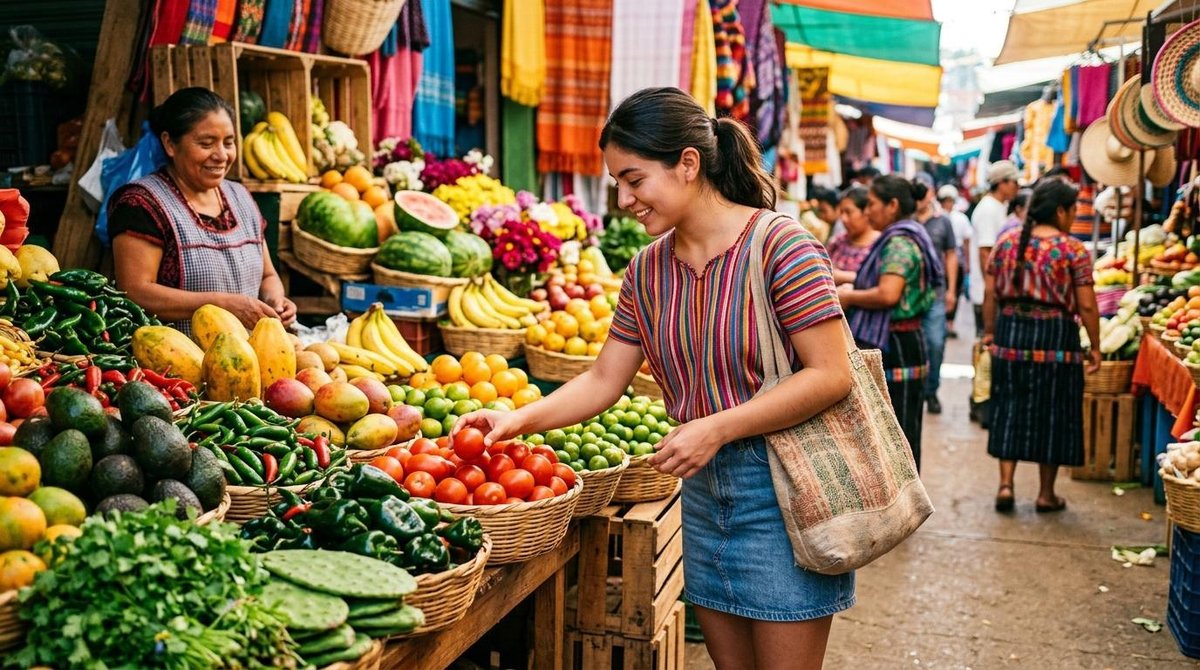 Mujer compra tomates en un mercado lleno de frutas y verduras coloridas