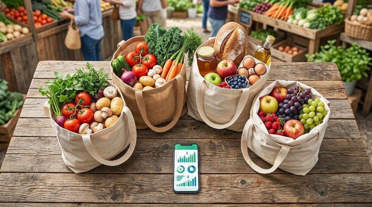 Cuatro bolsas de tela llenas de frutas y verduras frescas sobre una mesa