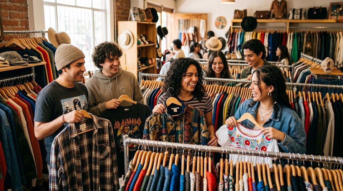Un grupo de amigos sonríe mientras elige ropa en una tienda de segunda mano