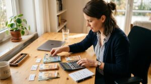Una persona organizando billetes y una calculadora sobre un escritorio de madera claro, con luz cálida natural, representando la planificación financi