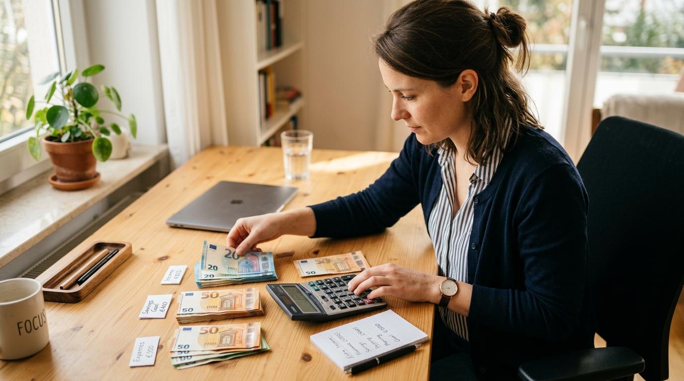 Una persona organizando billetes y una calculadora sobre un escritorio de madera claro, con luz cálida natural, representando la planificación financi