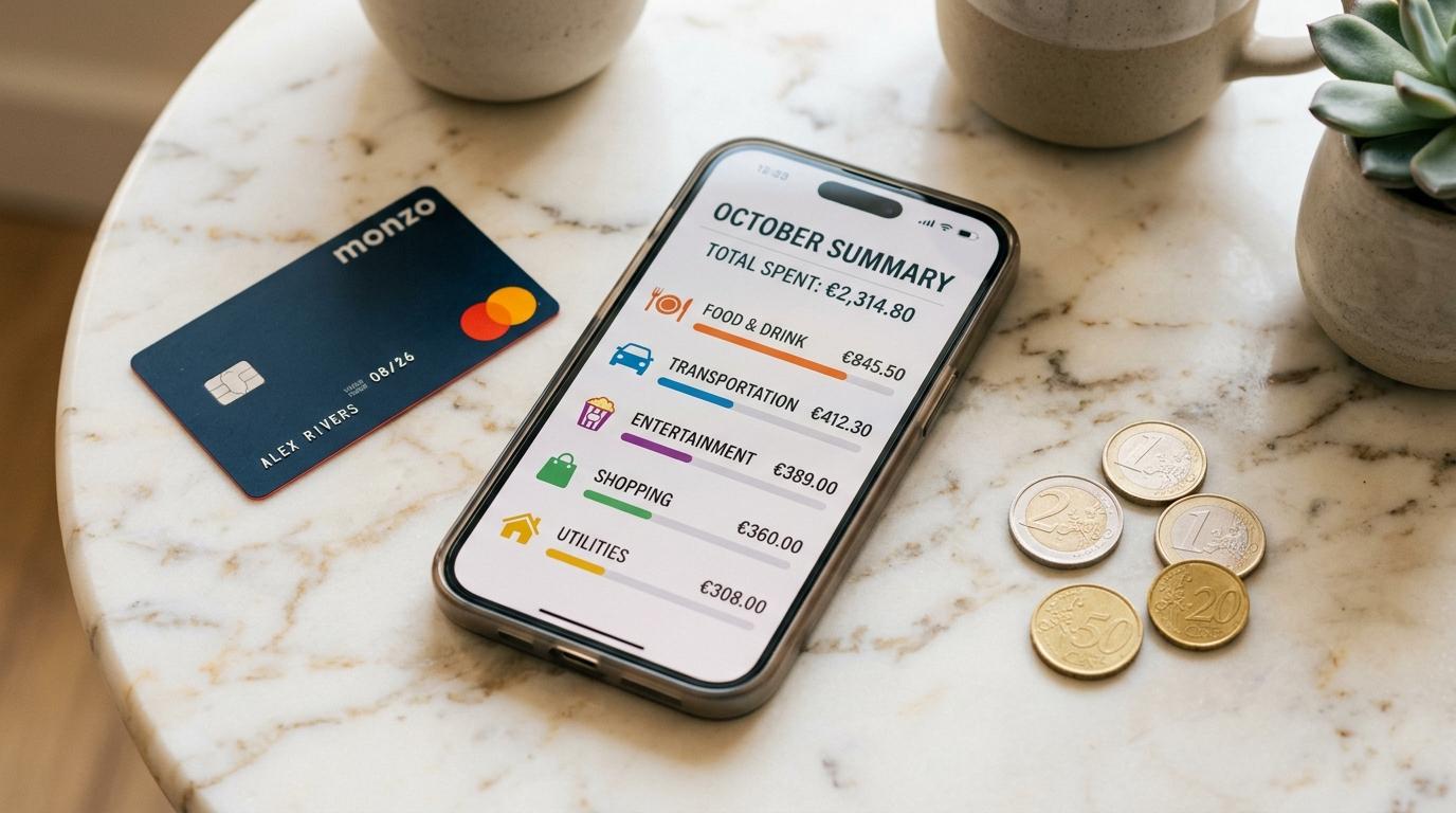 Inteligencia artificial aplicada a las finanzas personales: guía práctica para gestionar tu dinero 3 Primer plano de una pantalla de smartphone mostrando un resumen mensual de gastos categorizados con iconos de comida, transporte y entretenimiento