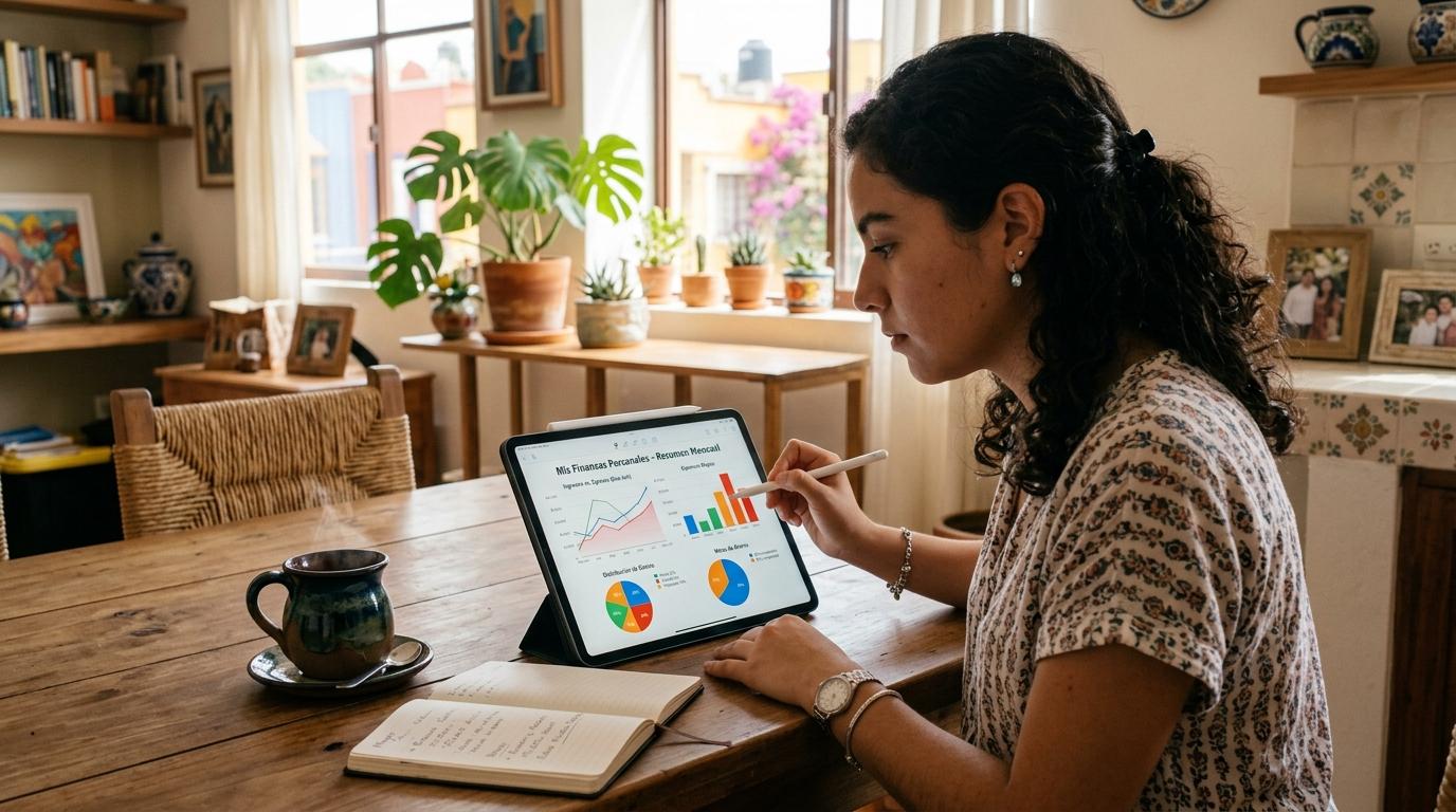 Cómo hacer una revisión financiera anual paso a paso para ordenar tu dinero 3 Persona joven analizando sus finanzas personales en una tablet mientras revisa gráficas de ingresos y gastos, en un ambiente hogareño contemporáneo me