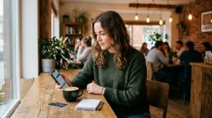 Una persona joven revisa su teléfono móvil en una cafetería moderna mientras planifica sus compras mensuales, con una tarjeta de crédito sobre la mesa