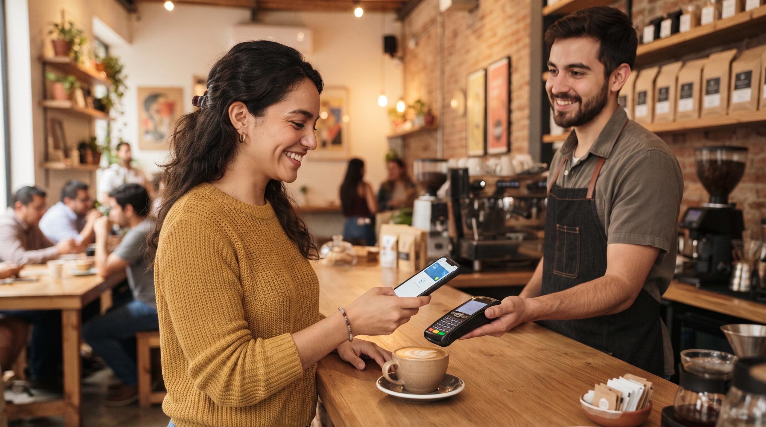 Tendencias de pago digital en México para los próximos años y cómo pueden afectar tu bolsillo 3 Mujer mexicana sonriente usando su celular para pagar en una cafetería moderna con tonos cálidos y ambiente acogedor, representando el uso de billeter