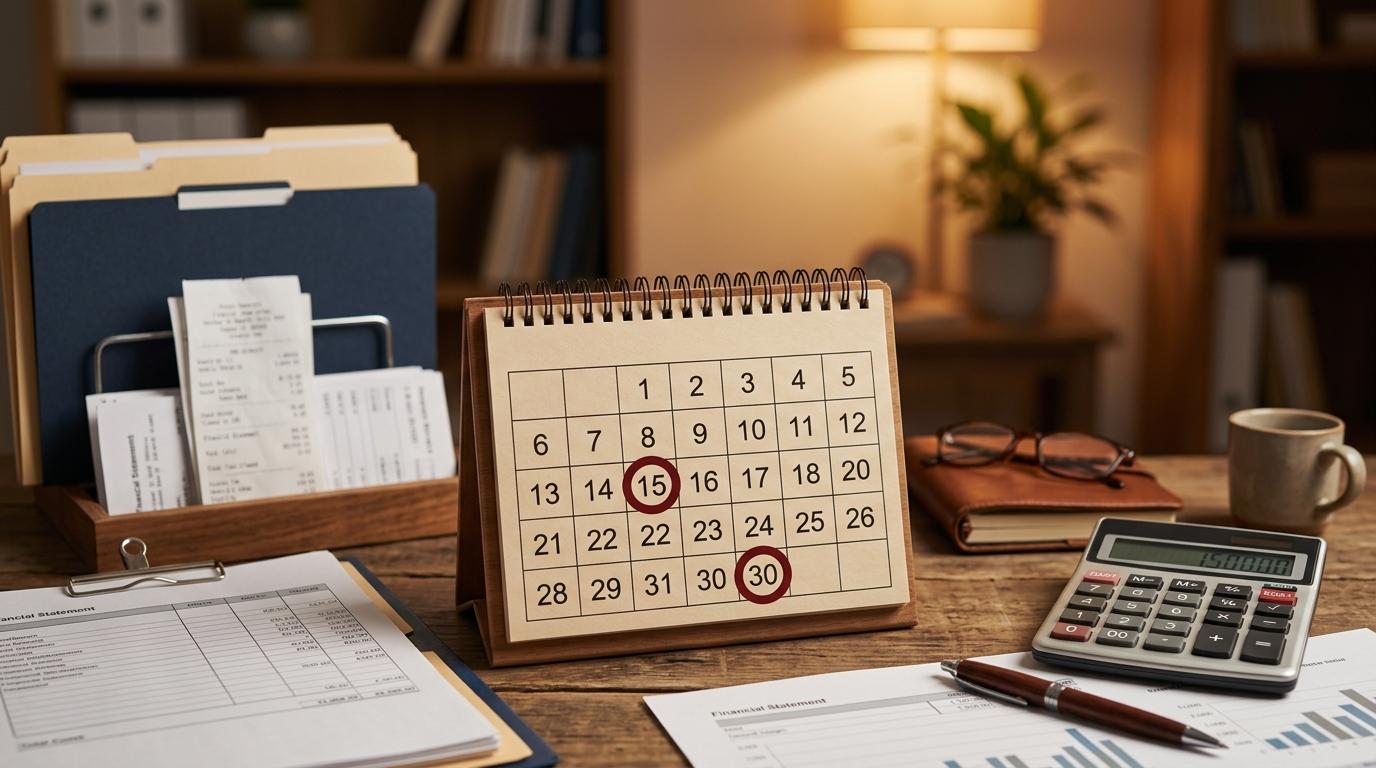 Días de pago en México: cómo aprovecharlos al máximo con herramientas digitales 2 Alt text: Calendario de escritorio con los días 15 y 30 marcados prominentemente, rodeado de documentos financieros ordenados y una calculadora, iluminación cál