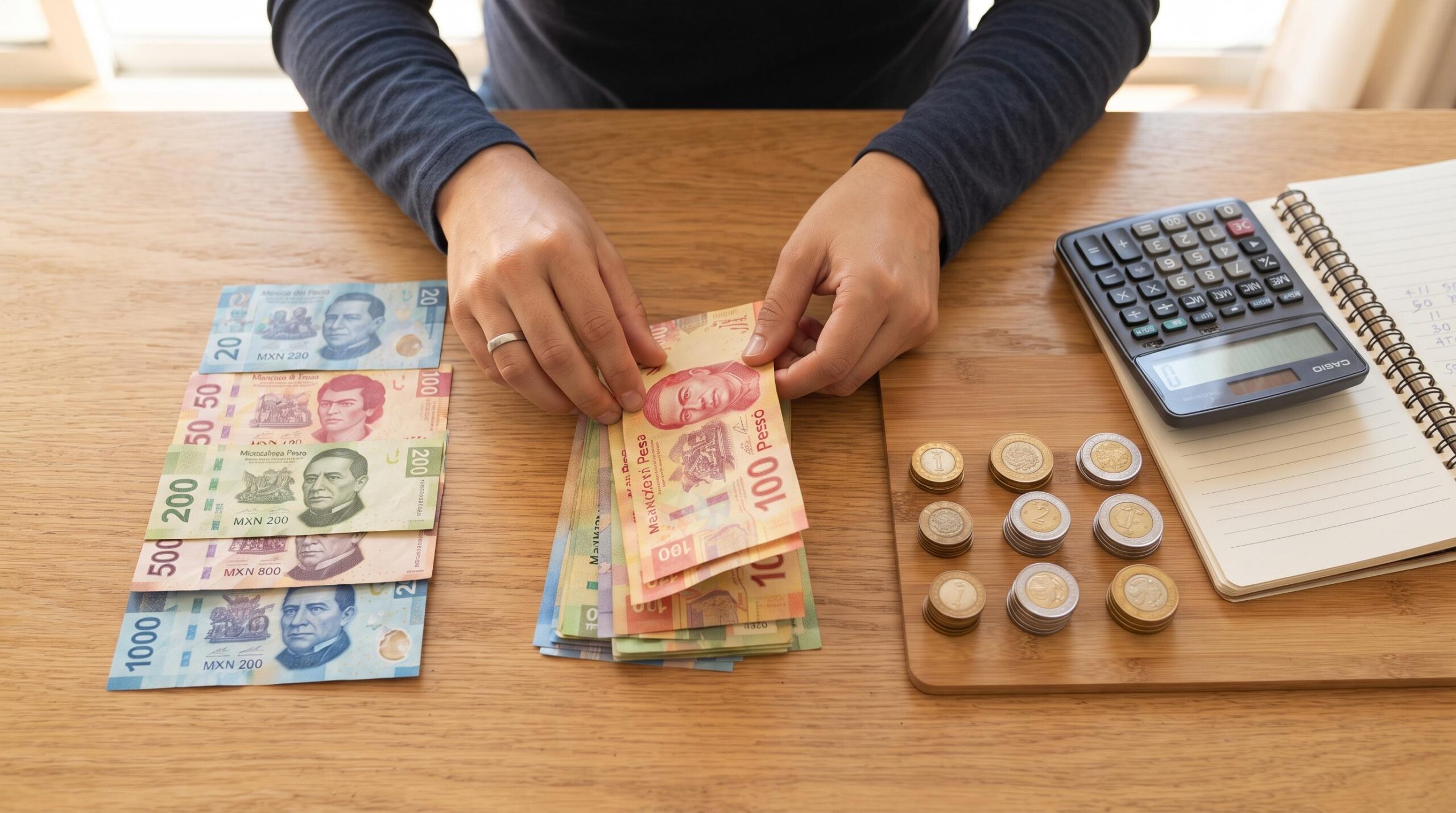 Cómo armar un presupuesto familiar mensual que se adapte a tu hogar 3 Manos separando billetes y monedas mexicanas en tres grupos distintos sobre una mesa de madera clara, con una calculadora y libreta de notas al lado