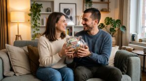 Una pareja joven sentada juntos en el sofá de su sala moderna, sosteniendo con ambas manos una alcancía transparente llena de billetes y monedas
