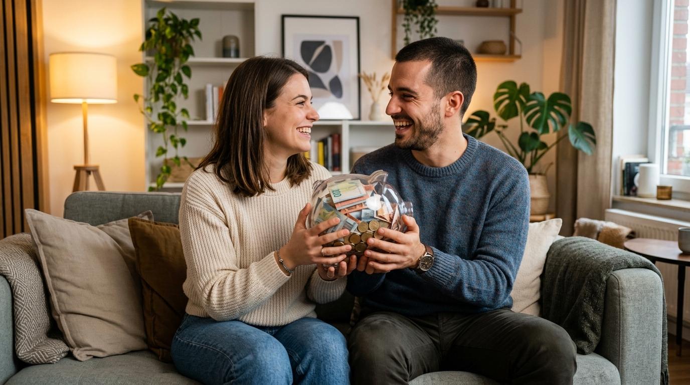 Una pareja joven sentada juntos en el sofá de su sala moderna, sosteniendo con ambas manos una alcancía transparente llena de billetes y monedas