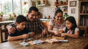 Una familia mexicana sentada alrededor de una mesa, los padres conversando con sus dos hijos mientras organizan monedas y billetes sobre la superficie