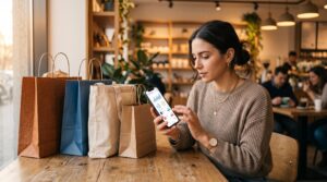 Persona comparando ofertas de cashback en su teléfono inteligente mientras varias bolsas de compras de diferentes tiendas descansan sobre una mesa de
