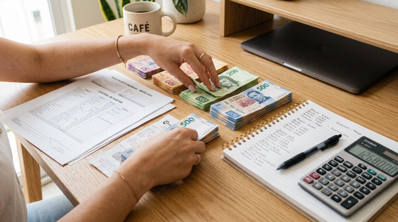 Independencia financiera personal: qué es y cómo lograrla paso a paso 2 Manos organizando billetes mexicanos y documentos financieros sobre una mesa de madera clara, con una calculadora y una libreta de notas abierta