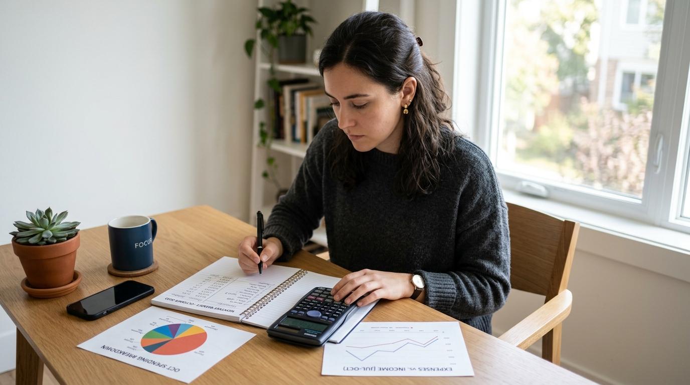 Independencia financiera personal: qué es y cómo lograrla paso a paso 3 Una persona analiza su presupuesto mensual con una calculadora y gráficos frente a ella, en un escritorio minimalista con luz natural que entra por una ventana