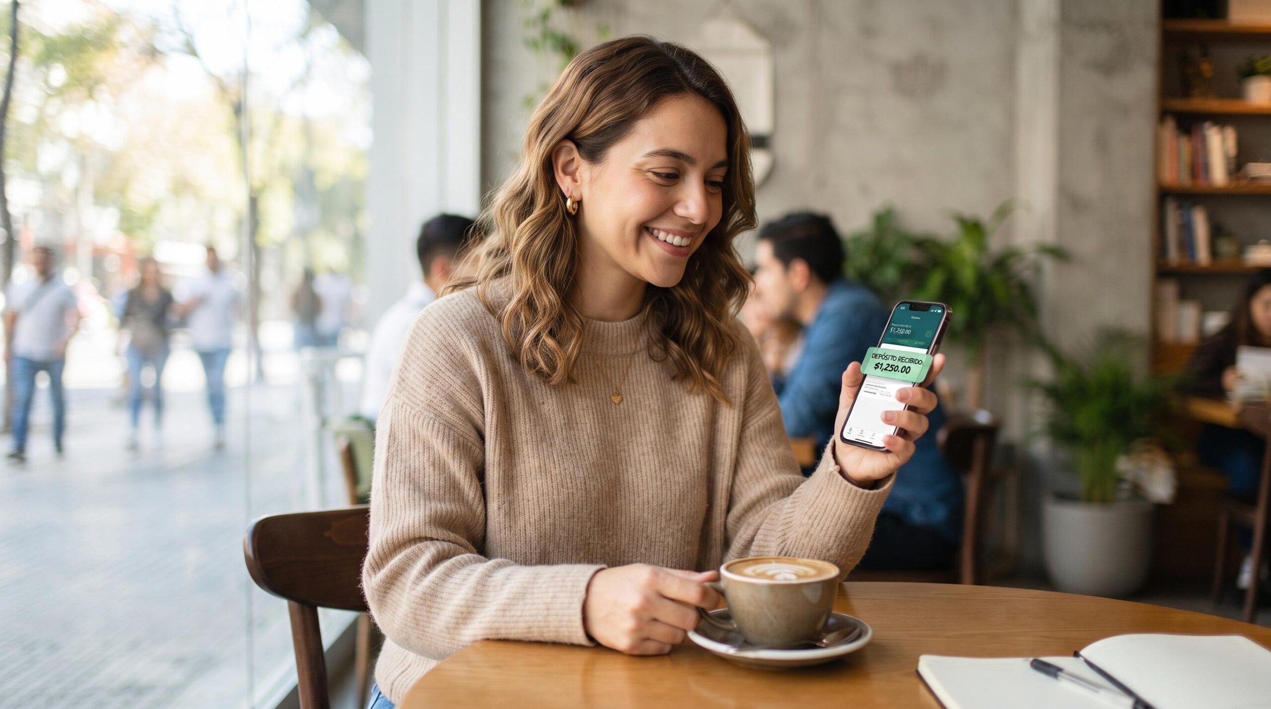 Persona joven revisando su teléfono móvil con una notificación de depósito bancario recibido, sentada en un ambiente moderno y luminoso con una taza d