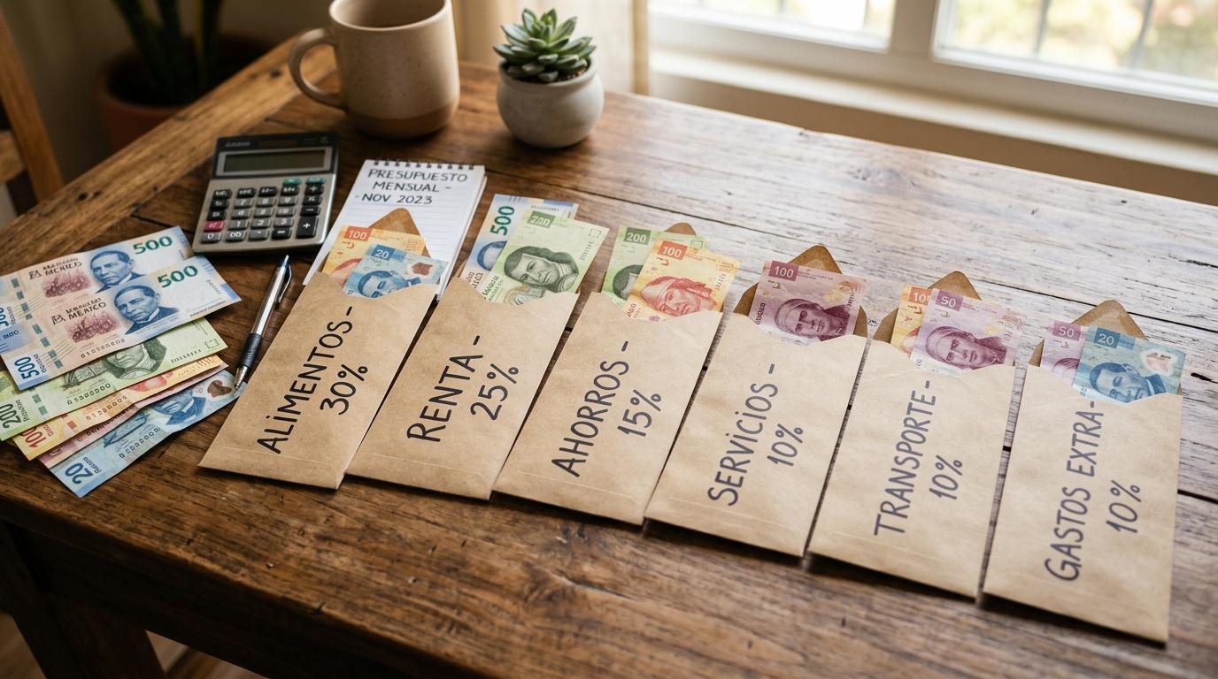 Billetes mexicanos divididos en varios sobres de papel kraft sobre una mesa, ilustrando la distribución de presupuesto por porcentajes con tonos cálid