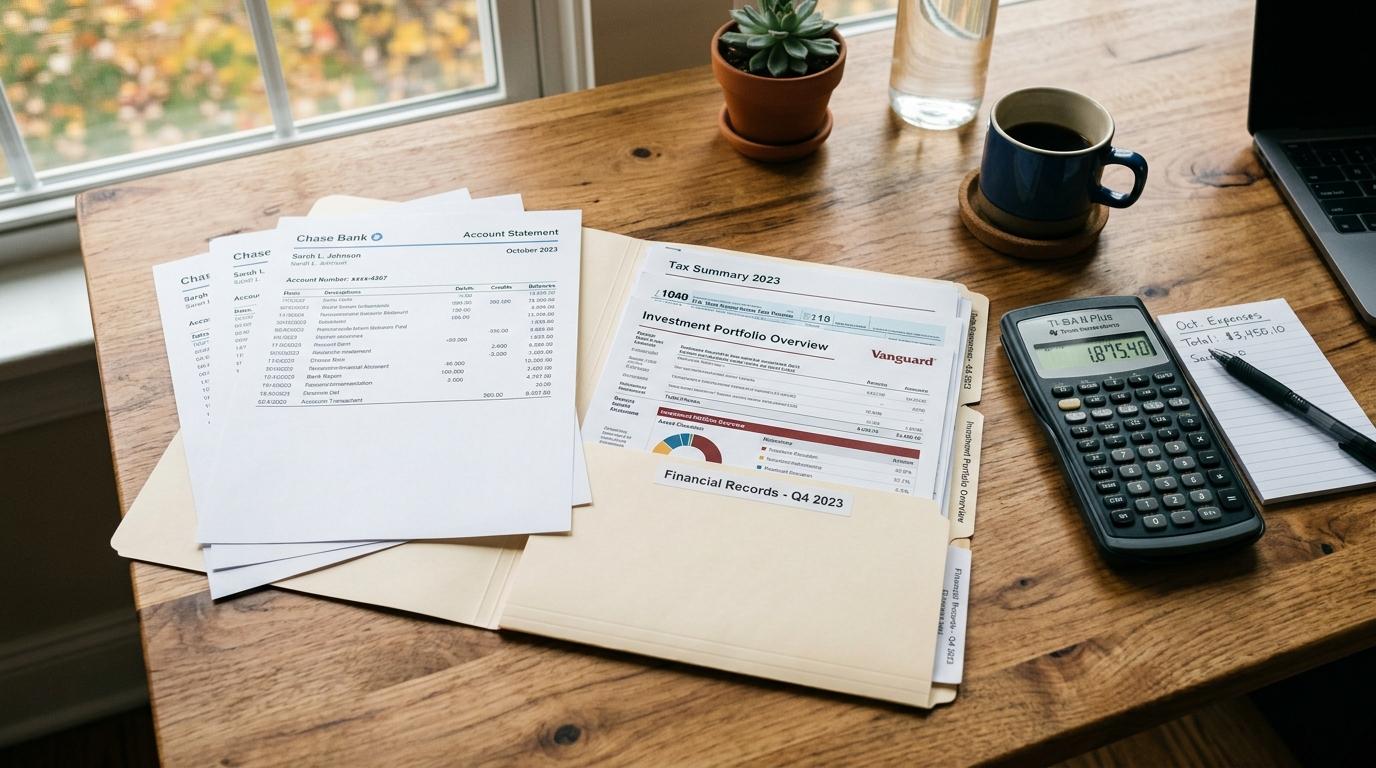 Qué documentos tener listos en caso de robo de identidad y cómo organizarlos 3 Estados de cuenta bancarios impresos junto a documentos financieros y una calculadora sobre un escritorio de madera, con iluminación natural suave que