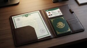 Documentos de identificación oficial mexicanos ordenados sobre una superficie limpia, incluyendo una credencial de elector, pasaporte y acta de nacimi
