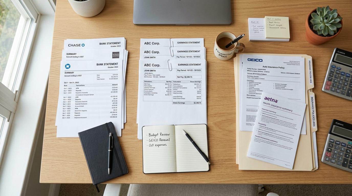 Cómo hacer una revisión financiera anual paso a paso para ordenar tu dinero 2 Vista superior de documentos financieros organizados sobre un escritorio limpio, incluyendo estados de cuenta bancarios, recibos de nómina y pólizas d