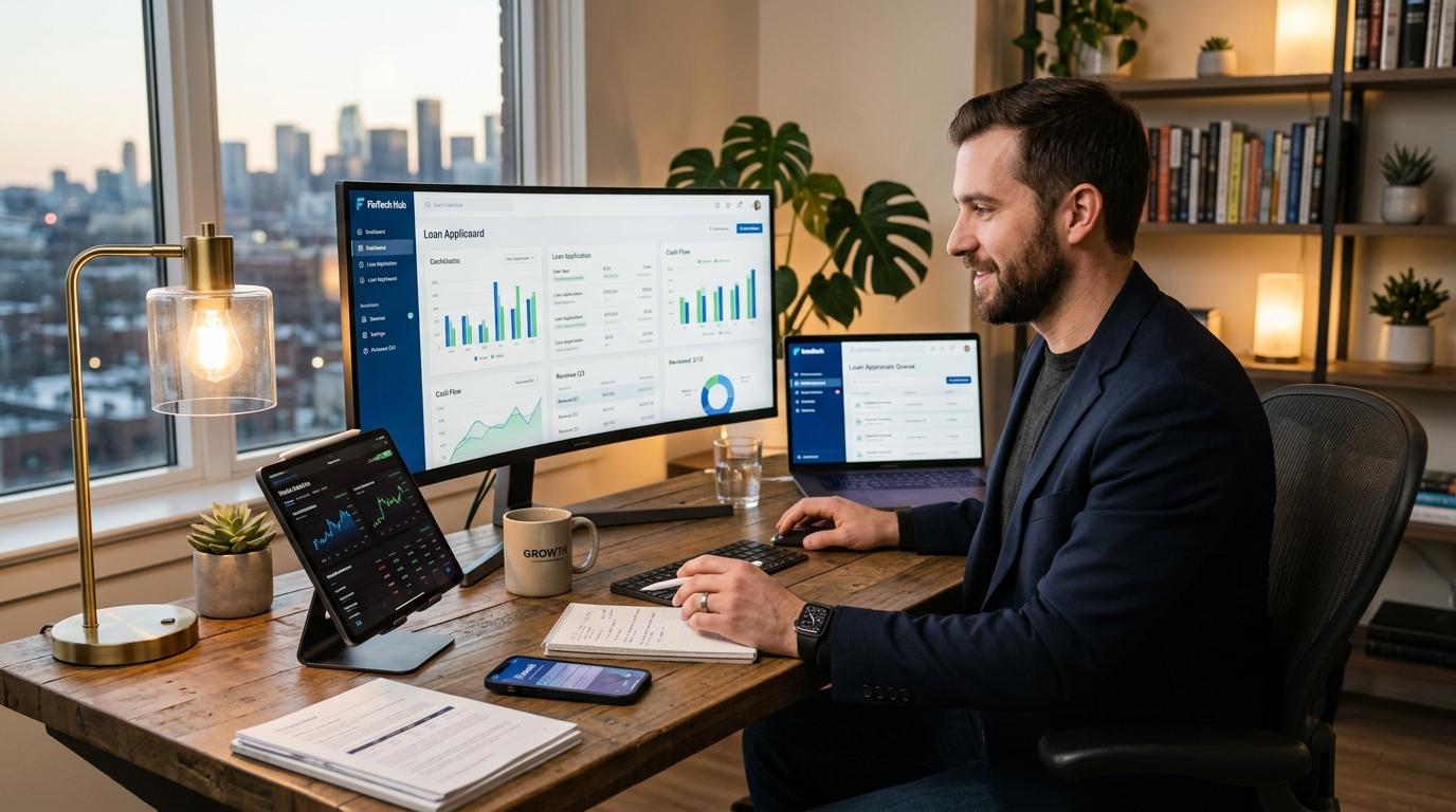 Vista de un espacio de trabajo moderno donde un emprendedor revisa aplicaciones financieras en múltiples dispositivos, representando la integración de