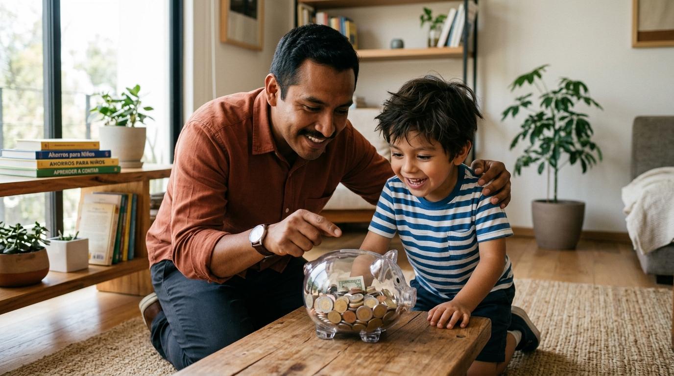 Padre mexicano arrodillado junto a su hijo pequeño de unos 4 años, ambos mirando una alcancía transparente llena de monedas de colores