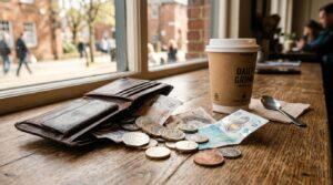 Primer plano de monedas y billetes de baja denominación derramándose de una cartera de cuero sobre una mesa de madera junto a una taza de café para ll