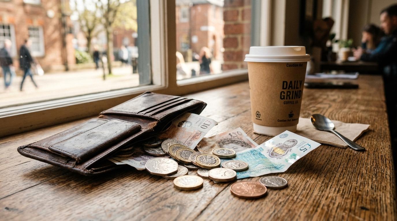 Primer plano de monedas y billetes de baja denominación derramándose de una cartera de cuero sobre una mesa de madera junto a una taza de café para ll