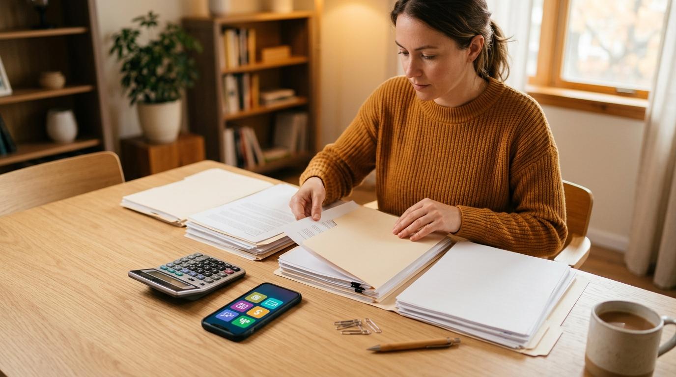 Cómo el score de buró afecta tu crédito en Mercado Pago y qué puedes hacer al respecto 3 Persona organizando documentos financieros y una calculadora sobre una mesa de madera clara, con un teléfono al lado mostrando aplicaciones de pago