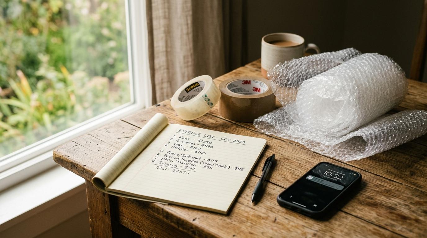 Cómo planificar una mudanza sin endeudarme: guía para cuidar tu bolsillo en cada paso 3 Lista de gastos escrita a mano sobre una mesa junto a rollos de cinta adhesiva, papel burbuja y un teléfono móvil, con luz natural suave entrando por