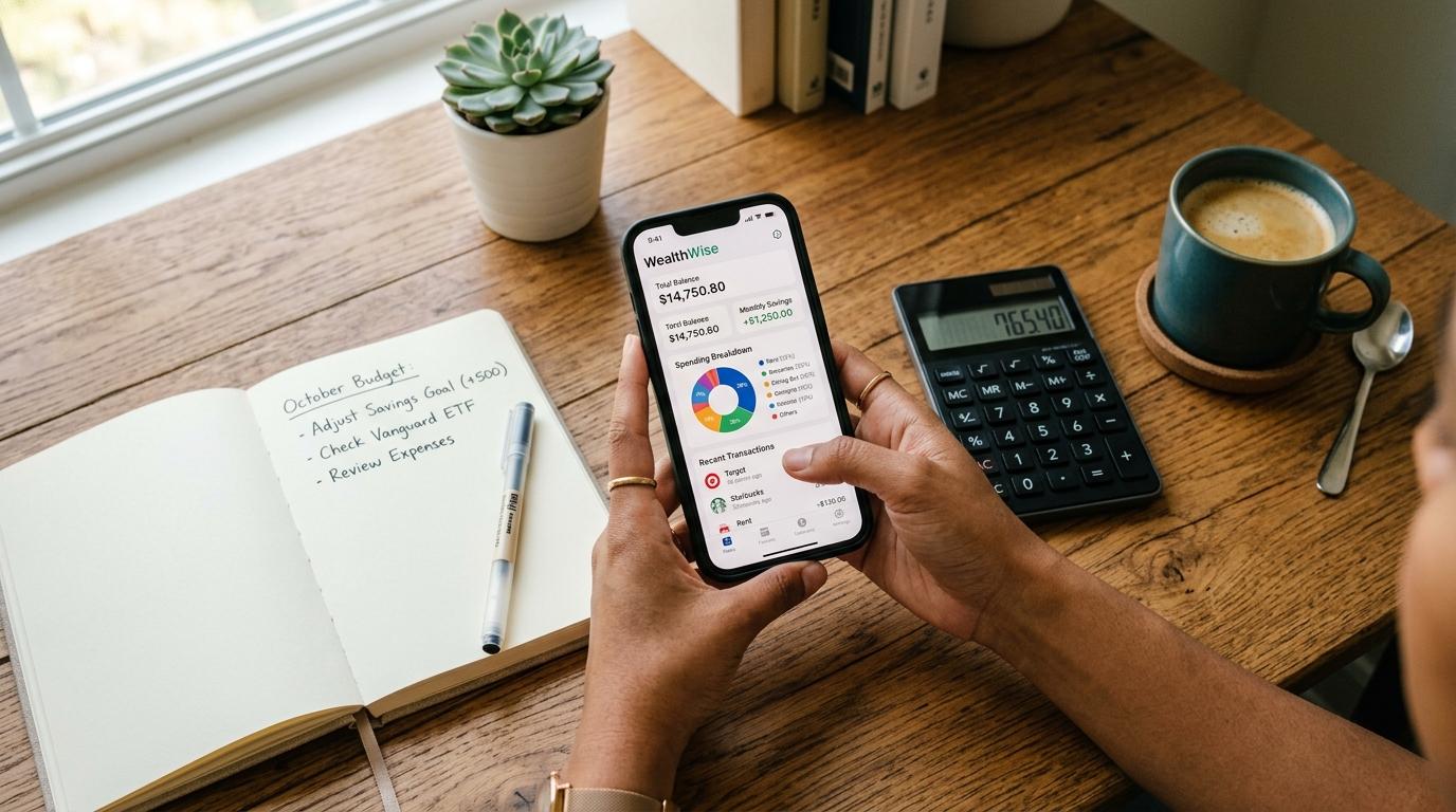Inteligencia artificial aplicada a las finanzas personales: guía práctica para gestionar tu dinero 2 Manos sosteniendo un smartphone sobre una mesa de madera con una libreta abierta, una calculadora y una taza de café, mostrando una aplicación financiera