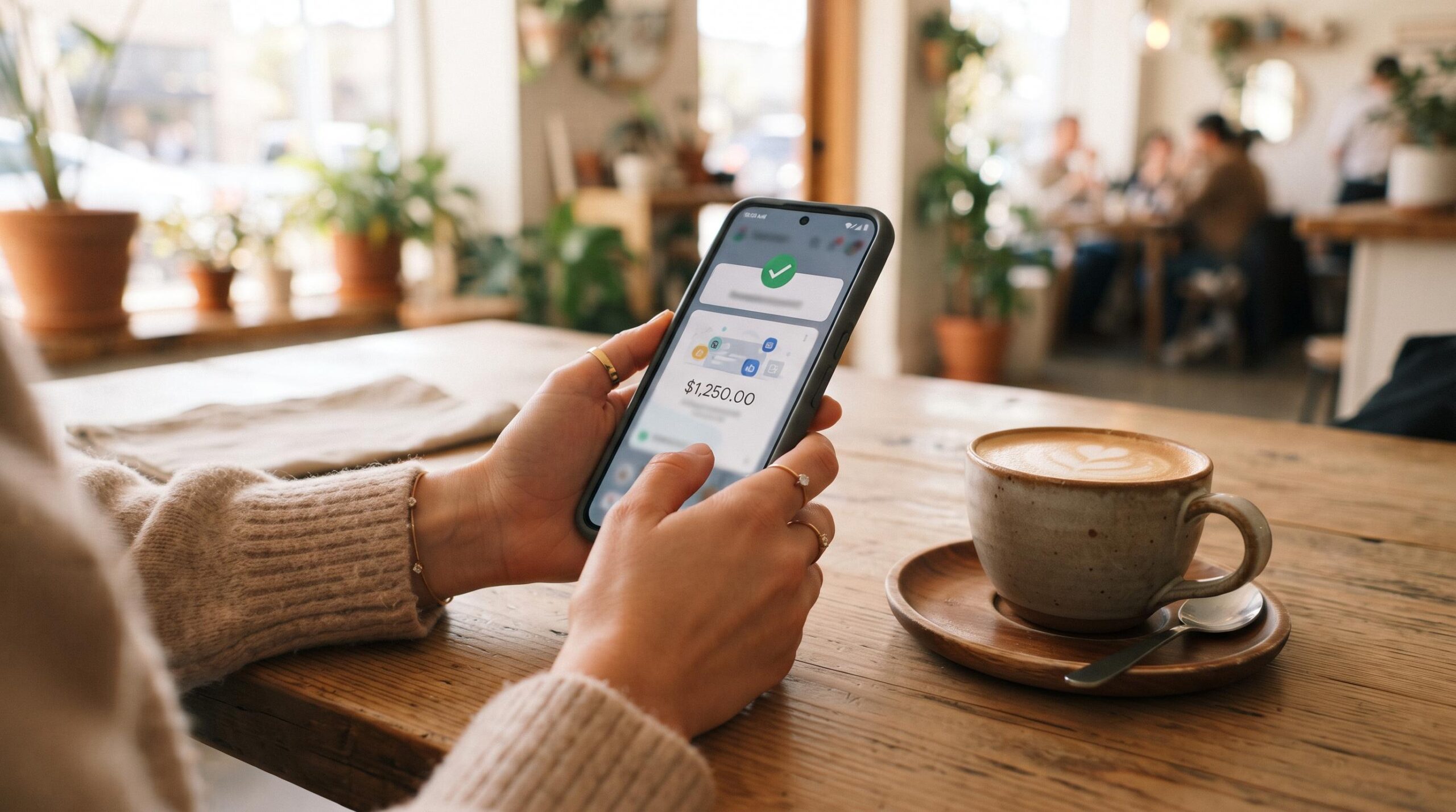Manos sosteniendo un teléfono móvil que muestra una notificación de depósito bancario, junto a una taza de café, en un ambiente luminoso y acogedor