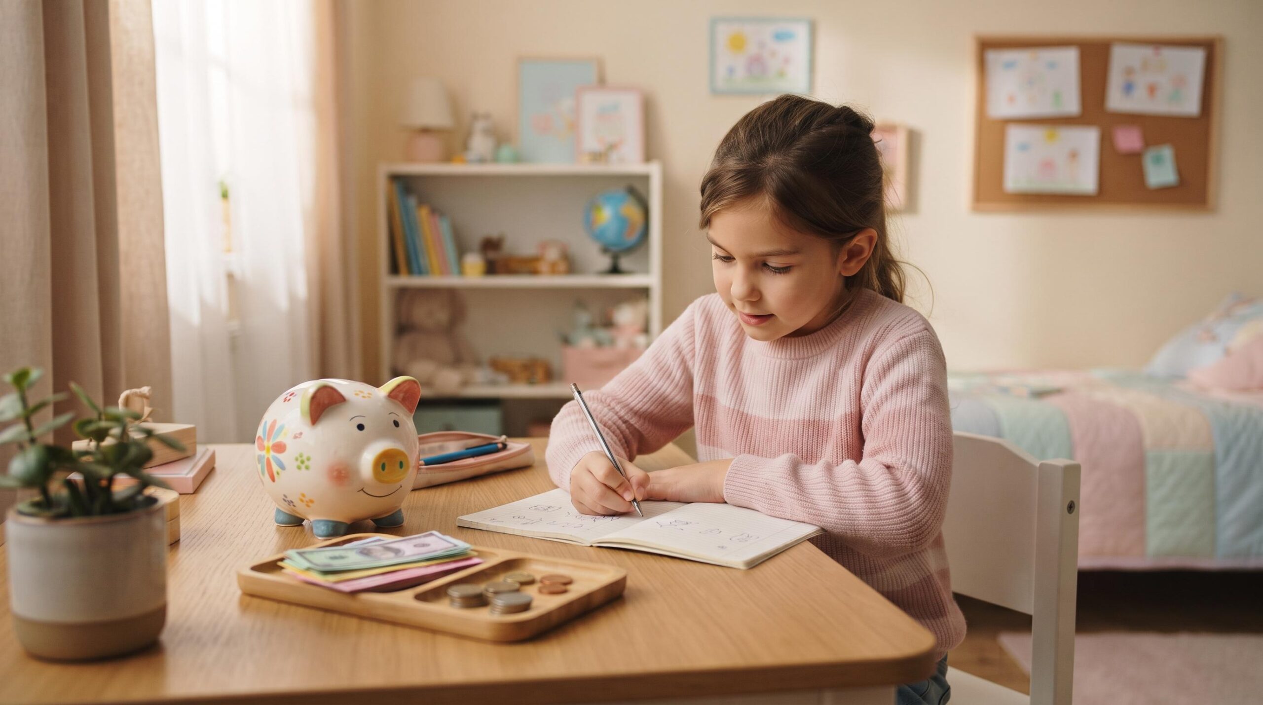 Niña de primaria de aproximadamente 8 años escribiendo en una libreta sus metas de ahorro, con una alcancía y varios billetes de juguete 