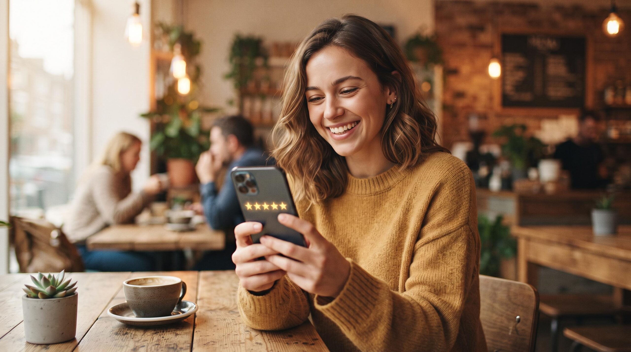 Persona sonriendo mientras usa su teléfono móvil en una mesa de madera con una taza de café y una pequeña planta suculenta
