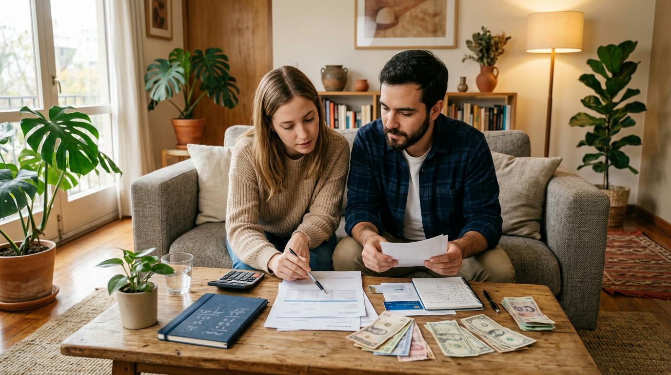 Cómo armar un presupuesto familiar mensual que se adapte a tu hogar 2 Pareja joven en su sala revisando juntos estados de cuenta y billetes sobre la mesa de centro, con expresiones concentradas pero serenas, entorno hogareño