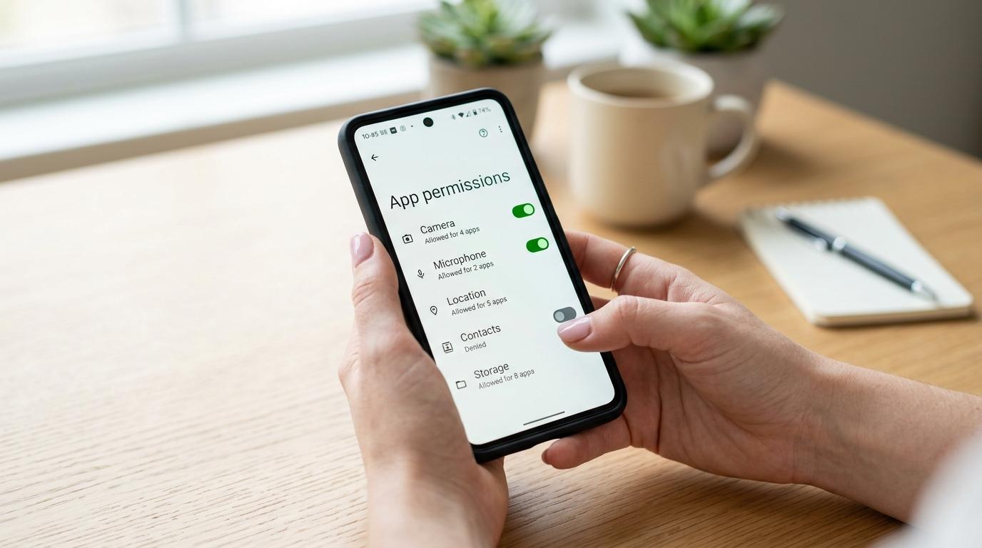 Primer plano de manos sosteniendo un smartphone que muestra la pantalla de configuración de permisos de aplicaciones, con varios interruptores de privacidad
