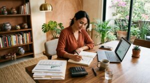 Una persona sentada en una mesa moderna con documentos financieros organizados, una calculadora y una libreta abierta con anotaciones, iluminación cál