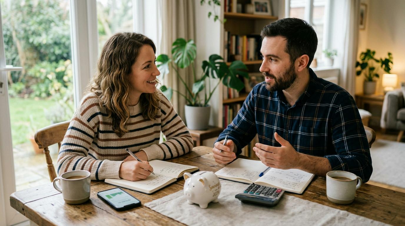 Dos personas sentadas frente a frente en una mesa de comedor con luz natural suave, con libretas abiertas y calculadora sobre la mesa