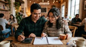 Una pareja joven mexicana sentada juntos en una mesa de madera, revisando un cuaderno de presupuestos con una calculadora y una taza de café, luciendo