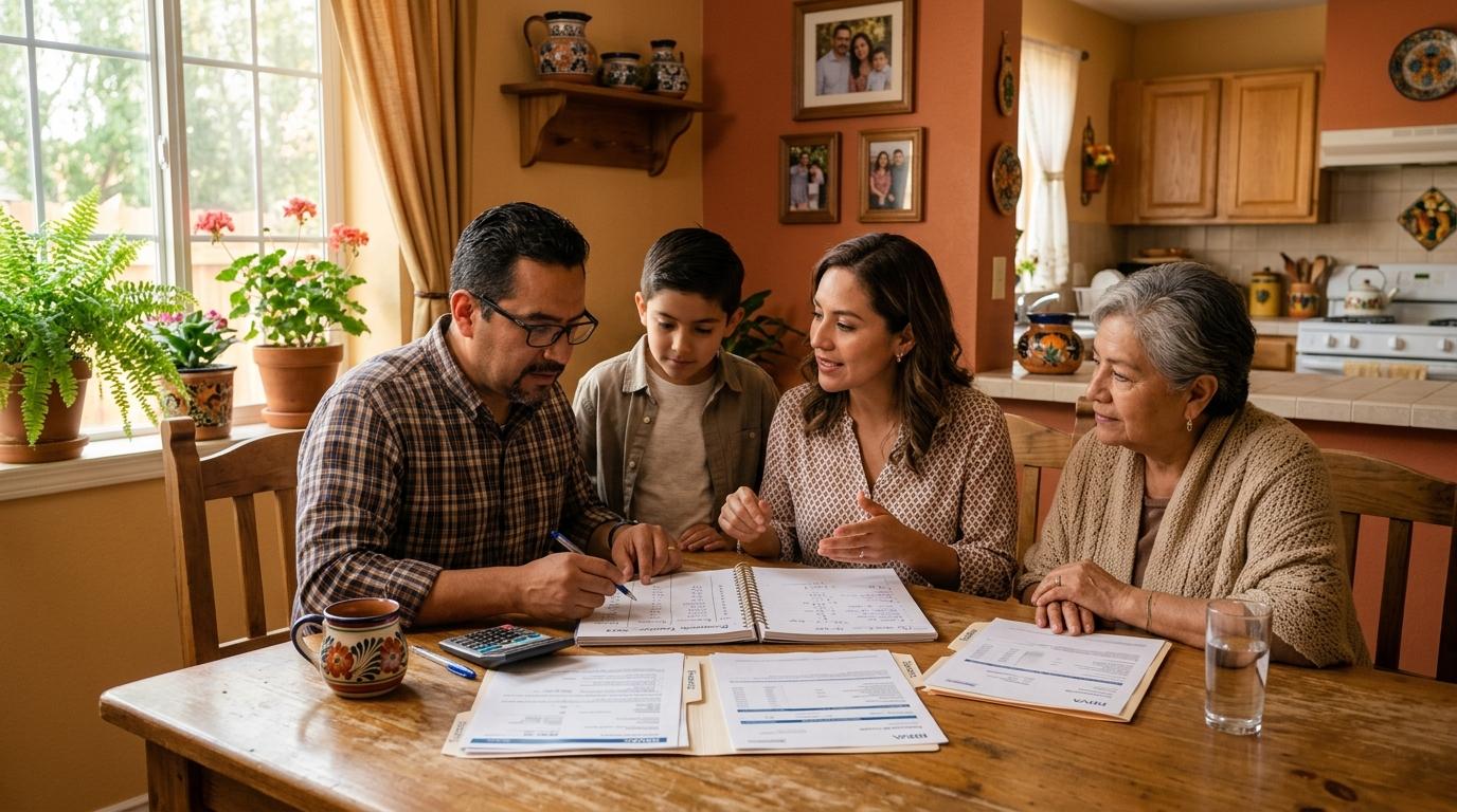 Familia mexicana sentada junta en la mesa del comedor revisando documentos financieros y una libreta con cálculos, con un ambiente cálido y acogedor