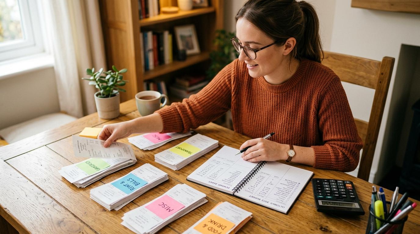 Persona organizando recibos y facturas mensuales sobre una mesa, separándolos en categorías con notas adhesivas de colores, cuaderno de presupuesto ab