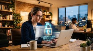 Propietario de una pequeña empresa trabajando en una laptop con un candado digital brillante sobre la pantalla, simbolizando la protección de datos de