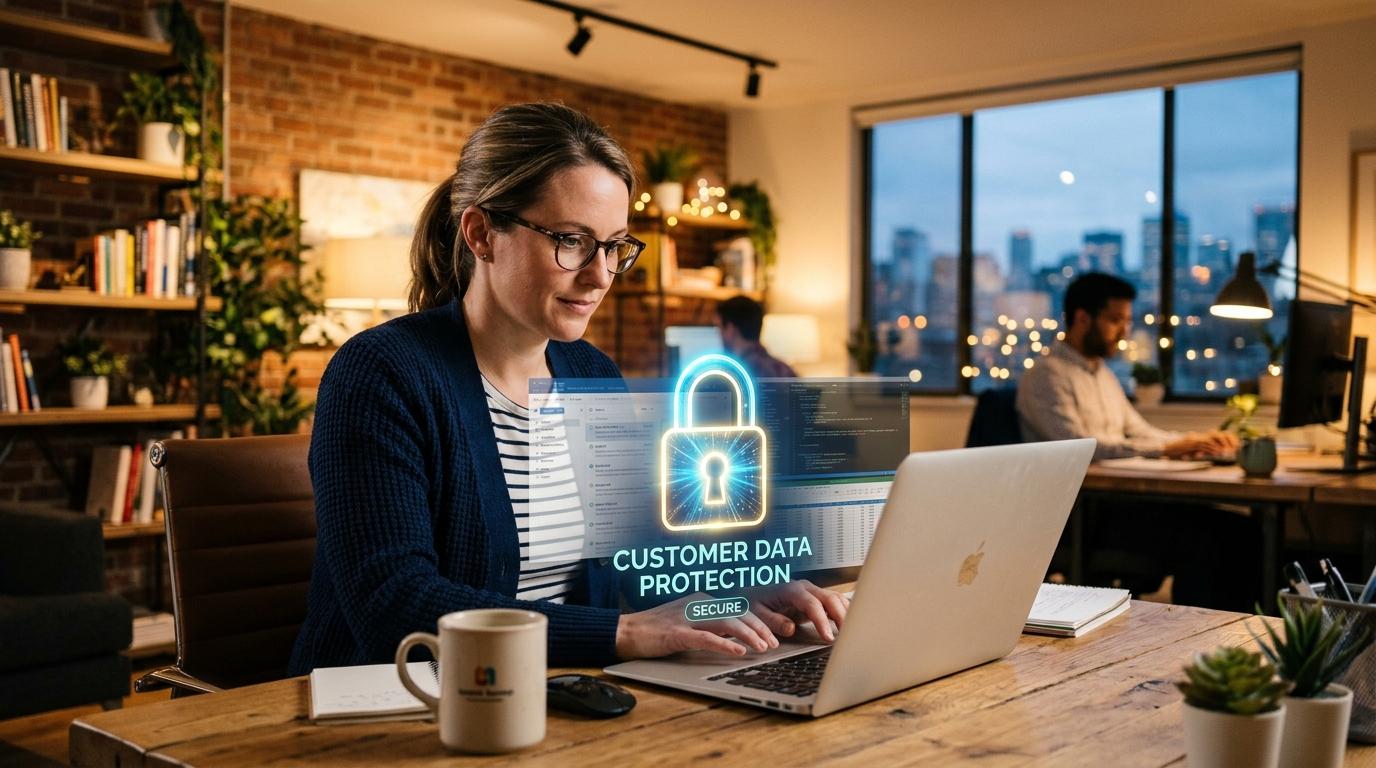 Propietario de una pequeña empresa trabajando en una laptop con un candado digital brillante sobre la pantalla, simbolizando la protección de datos de