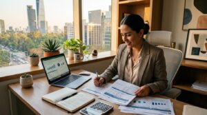 Persona sentada en un escritorio limpio y moderno revisando documentos financieros con una laptop abierta, calculadora y libreta de notas, luz natural