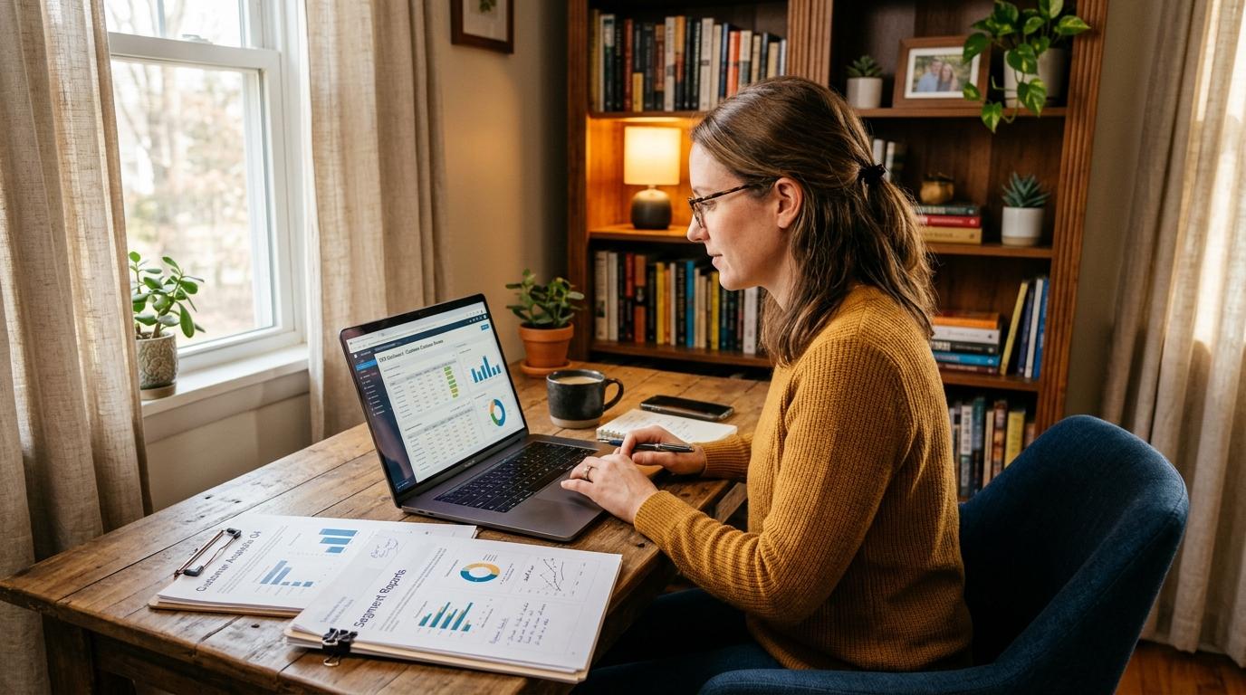Persona revisando una base de datos de clientes en una computadora portátil, con documentos impresos organizados sobre un escritorio de madera, en un