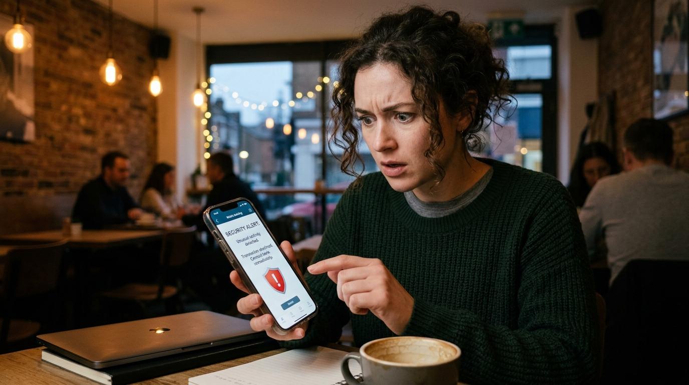 Una persona revisa su teléfono móvil con expresión alerta mientras navega en una aplicación financiera, en un entorno de café contemporáneo