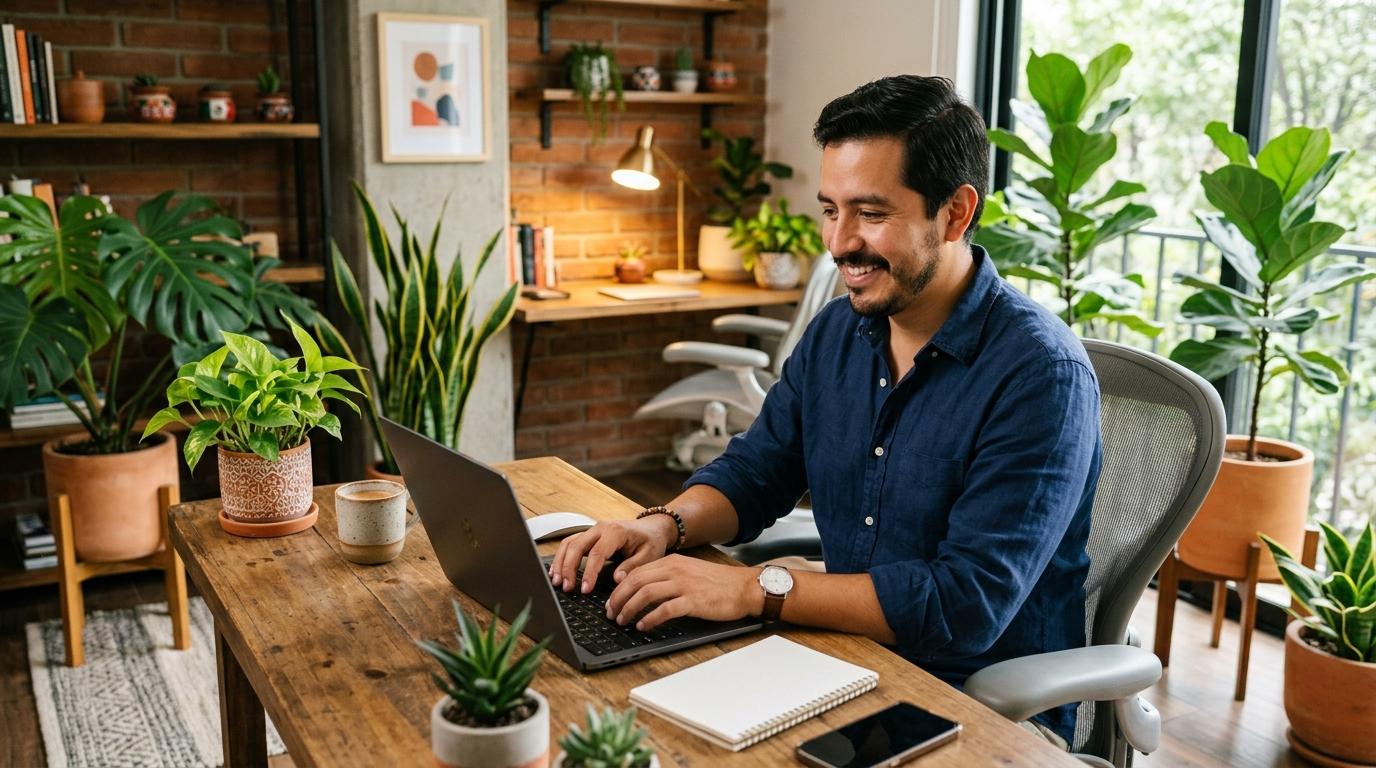 Persona sonriendo mientras escribe en una laptop sobre una mesa de madera rodeada de plantas
